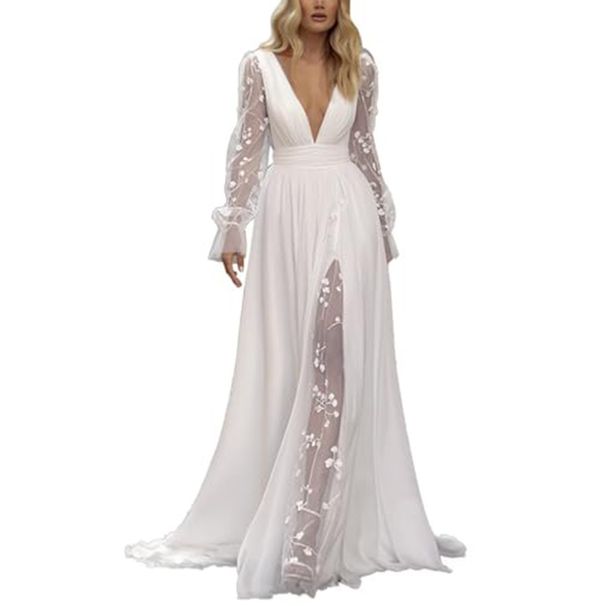 Women's Clothing Elegant V-Neck Long Sleeve Wedding Dress With Lace Detailing & Train – Available In White & Ivory (Sizes 2-26W) Elegant V-Neck_ecoleips.com