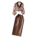 Women's Clothing Chic Suit Collar Floral Chiffon Shirt High Waist Tight Pu Leather Skirt Female High End Outfit Two Piece Suit_ecoleips.com