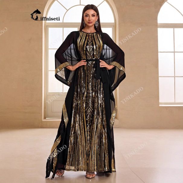 Fashionable Dubai Elegant Robe Middle Eastern Chiffon Sequin Dress Two-Piece Set Arab Women's Clothing-MG1720_ecoleips.com