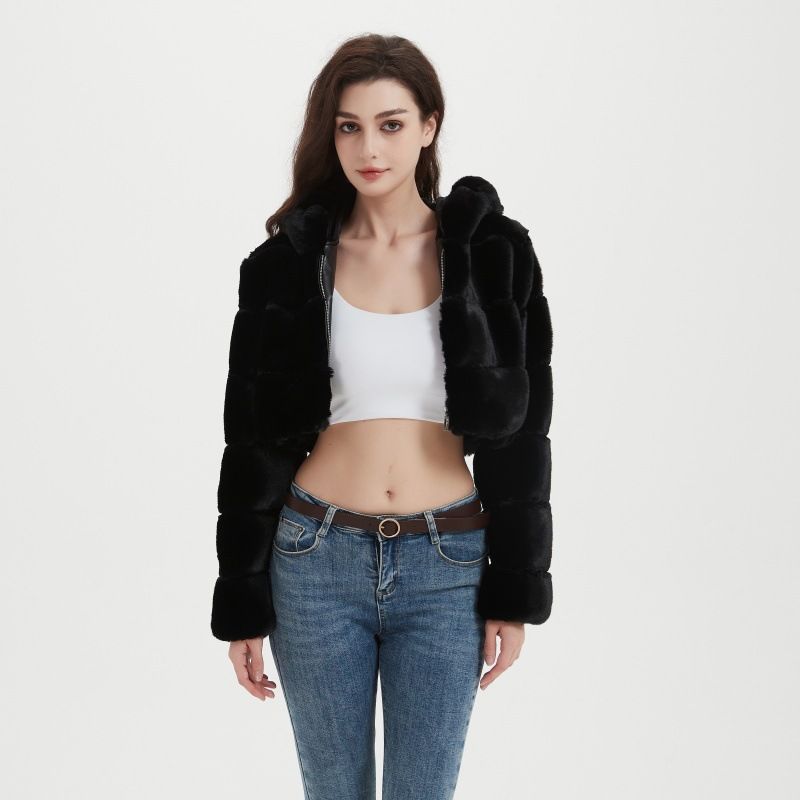 Trendy Hooded Faux Fur Jacket – Women’s Cropped Coat With Leather Trim (S-XXXL, Black & Khaki)_ecoleips.com
