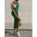 Summer Long Dress For Women With Green Cotton-Linen Loose-Fitting Skirt And Split-Backed Braided Straps_ecoleips.com