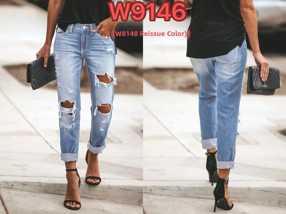 Women's Straight Leg Jeans Ripped Details Stretch Cigarette Pants European American Style Denim_ecoleips.com