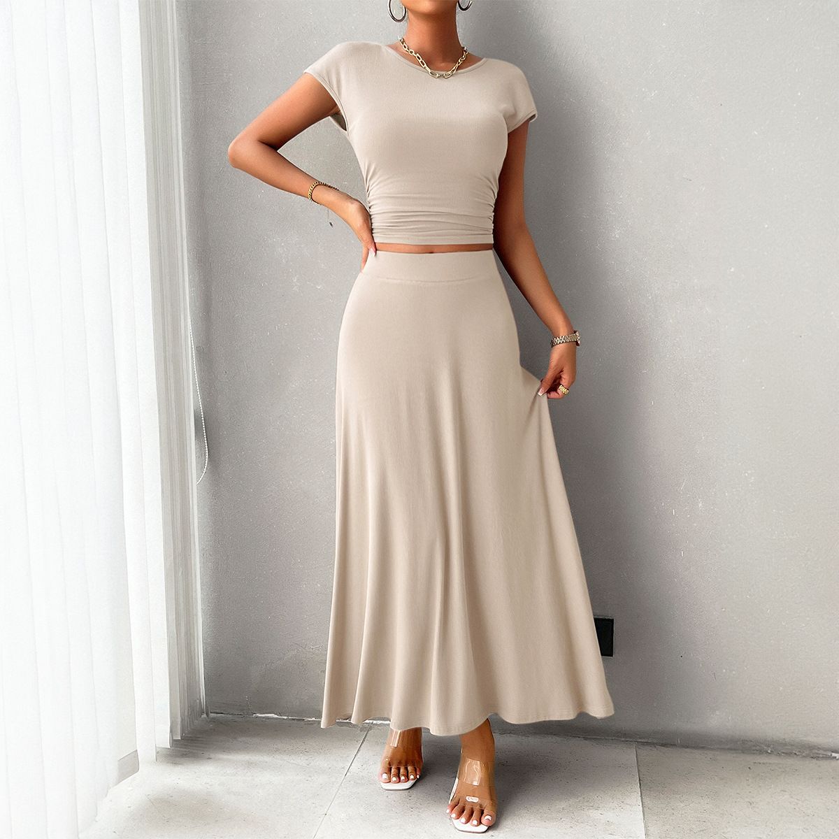 DiYun European And American 2024 Spring/Summer Women's Elegant Slim-Fit Solid Color Short-Sleeve_ecoleips.com