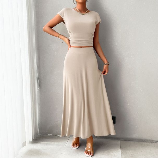 DiYun European And American 2024 Spring/Summer Women's Elegant Slim-Fit Solid Color Short-Sleeve_ecoleips.com