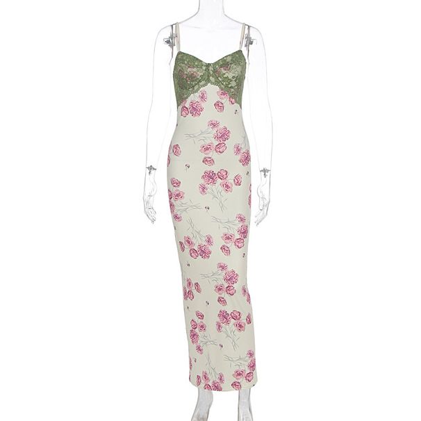 Women New Arrival Floral Printed Dress Lace Splicing Sexy Bodycon Slim Waist Spaghetti Strap Dress Summer Casual Party Outfit_ecoleips.com
