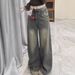 American Retro Washed Jeans For Women Winter Fleece Lined Thickened High Waist Straight Wide Leg Draped Long Pants_ecoleips.com