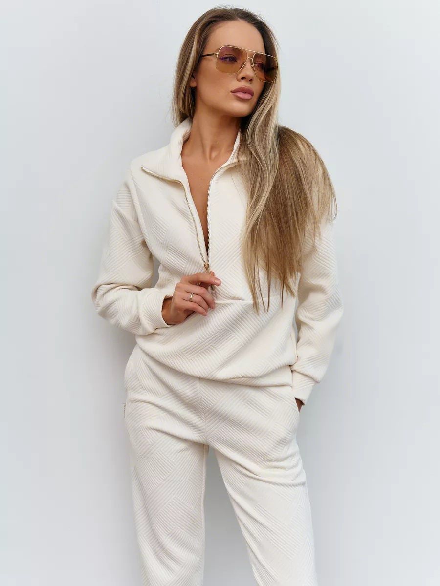 Aria Basics Aria Basics Cross-Border Casual European And American Women's Solid Color Sleeve Zipper Loose Top Tie Long Pans Two-Piece_ecoleips.com