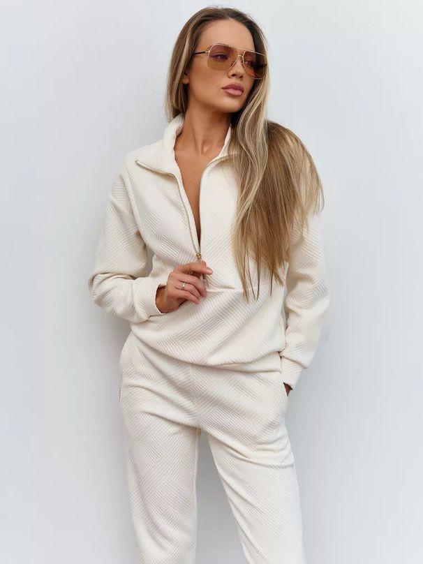 Aria Basics Aria Basics Cross-Border Casual European And American Women's Solid Color Sleeve Zipper Loose Top Tie Long Pans Two-Piece_ecoleips.com