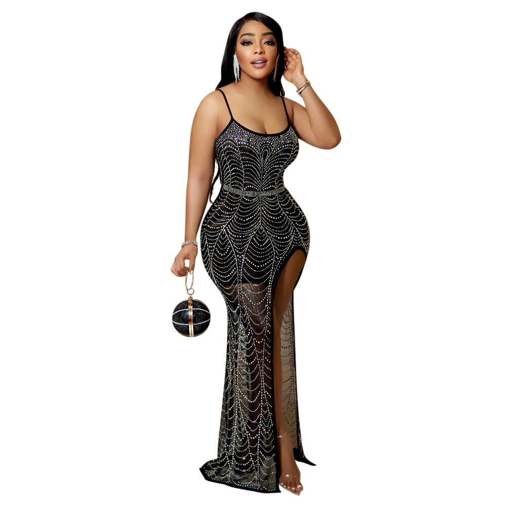 fashionable and sexy sling hot diamond dress slit leg exposed hot diamond dress banquet ladies style_ecoleips.com
