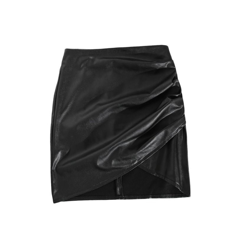 Verve Leather Nightclub Sexy Pleated Midi High Waist Tight Bodycon Skirt 15159_ecoleips.com