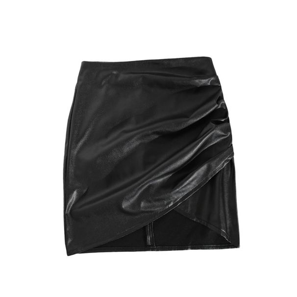 Verve Leather Nightclub Sexy Pleated Midi High Waist Tight Bodycon Skirt 15159_ecoleips.com