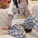 Women's Summer Casual Set With Cartoon Print, Short Sleeve Top And Loose-Fit Checkered Pants Relaxed Wide_ecoleips.com