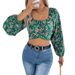 2026 Spring/Summer European And American Floral Lantern Sleeve Tie-Waist Chiffon Crop Top - Independent Cross-Border_ecoleips.com