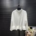 Elegant Stand Collar Long Sleeve Blouse For Women With Pearl Accents, Ruffle Details And Frill Trim, Loose Fit Chiffon Shirt_ecoleips.com