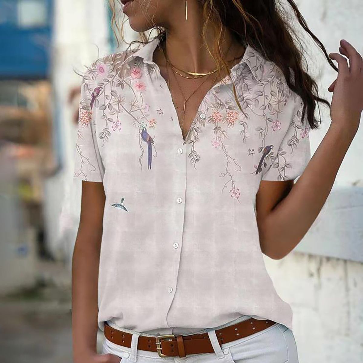 2026 Hot Sale Women's Fashion Printed Top Casual Short Sleeve Loose Button Shirt_ecoleips.com