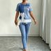 Tie-Dye Denim Print Jogger Set For Women, High-Stretch Knit Lounge Two Piece Outfit, Casual T-Shirt And Pants Co-Ord_ecoleips.com