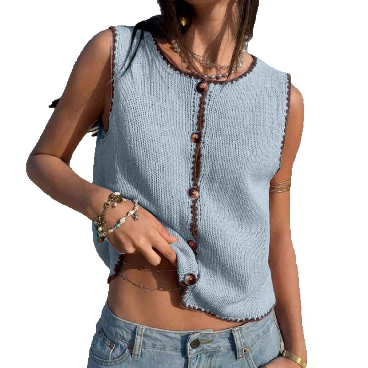Y2K Contrast Trim Knit Tank Top | Sleeveless Cropped Summer Casual Wear For Women, Street Style_ecoleips.com