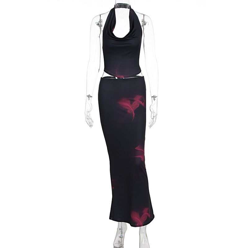 Sexy Print Halter Neck Open Back Top Slim Hip Wrapped Skirt Two Piece Dress Set Women Summer Party Outfit_ecoleips.com