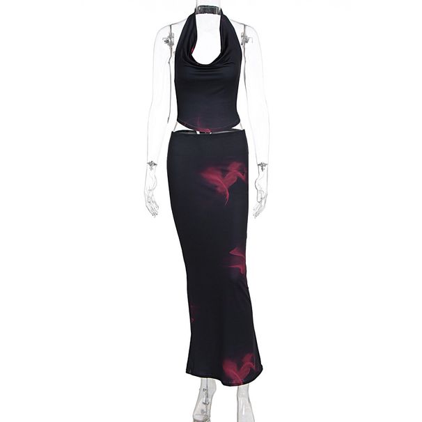 Sexy Print Halter Neck Open Back Top Slim Hip Wrapped Skirt Two Piece Dress Set Women Summer Party Outfit_ecoleips.com