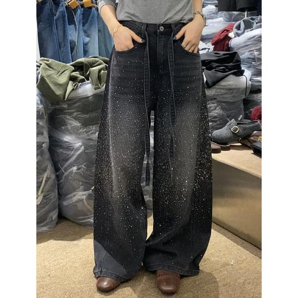 Women's Clothing Women's Plus Size Rhinestone Jeans Starry Sky Design Heavy Duty Wide Leg Pants Loose Fit Curved Hem Autumn Winter Fashion_ecoleips.com