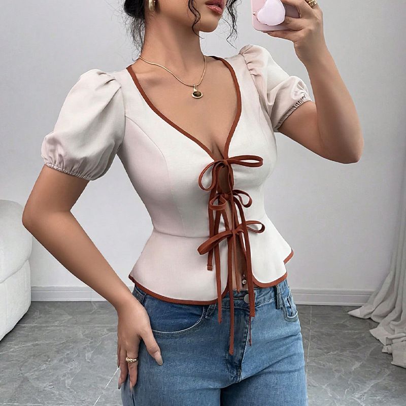 Women's Clothing Hottie Women's Clothing Summer New Lace Up Shirt Slim Polyester Top_ecoleips.com