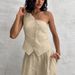 Women's Commuter Fashion Khaki Off-shoulder Cotton and Linen Vest Trousers Two-piece Set _ecoleips.com