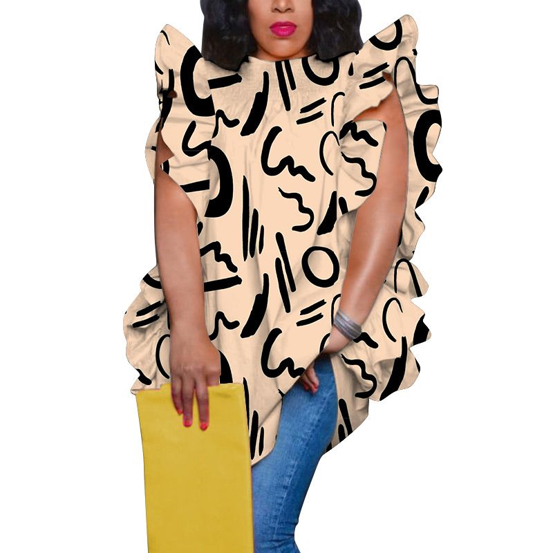 N8018 European And American Cross-border Women's Clothing . Plus-size Digital Print Round-neck Ruffled Loose Top_ecoleips.com