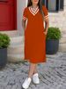 Women's Summer V Neck Dress Simple Loose Fitting Short Sleeved With Slit Hem_ecoleips.com