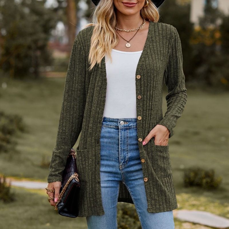 Women's Long Sleeved Cardigan Jacket Solid Color Brushed Pit Strip Design Autumn New Clothing For Women_ecoleips.com