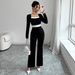 Women's Elegant Long Sleeve Square Neck Jumpsuit Contrast Panel Detail Slim Fit for Spring And Fall_ecoleips.com