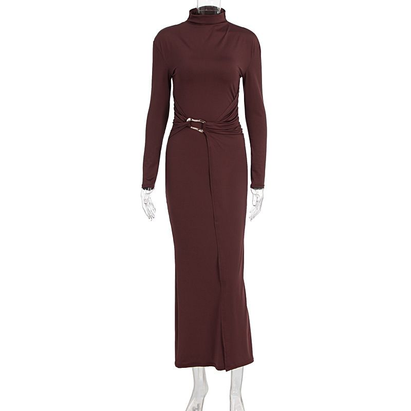 Women Elegant Slim Waist Fitted Dress High Neck Long Sleeve Solid Party Office Casual Daily Dress For Ladies_ecoleips.com
