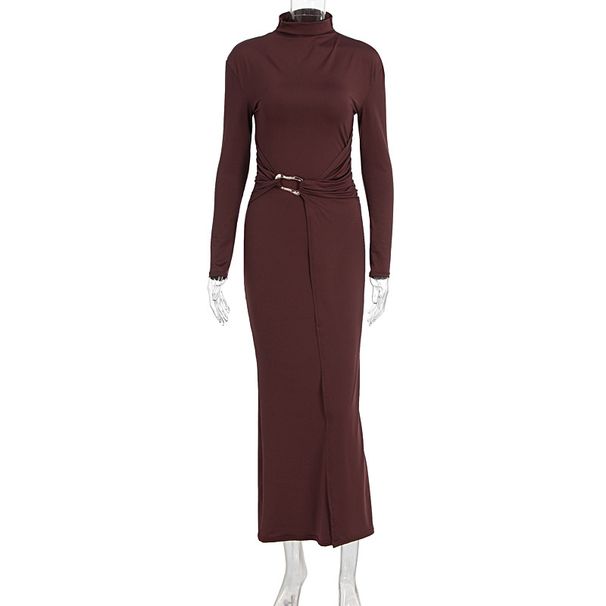 Women Elegant Slim Waist Fitted Dress High Neck Long Sleeve Solid Party Office Casual Daily Dress For Ladies_ecoleips.com