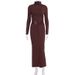Women Elegant Slim Waist Fitted Dress High Neck Long Sleeve Solid Party Office Casual Daily Dress For Ladies_ecoleips.com