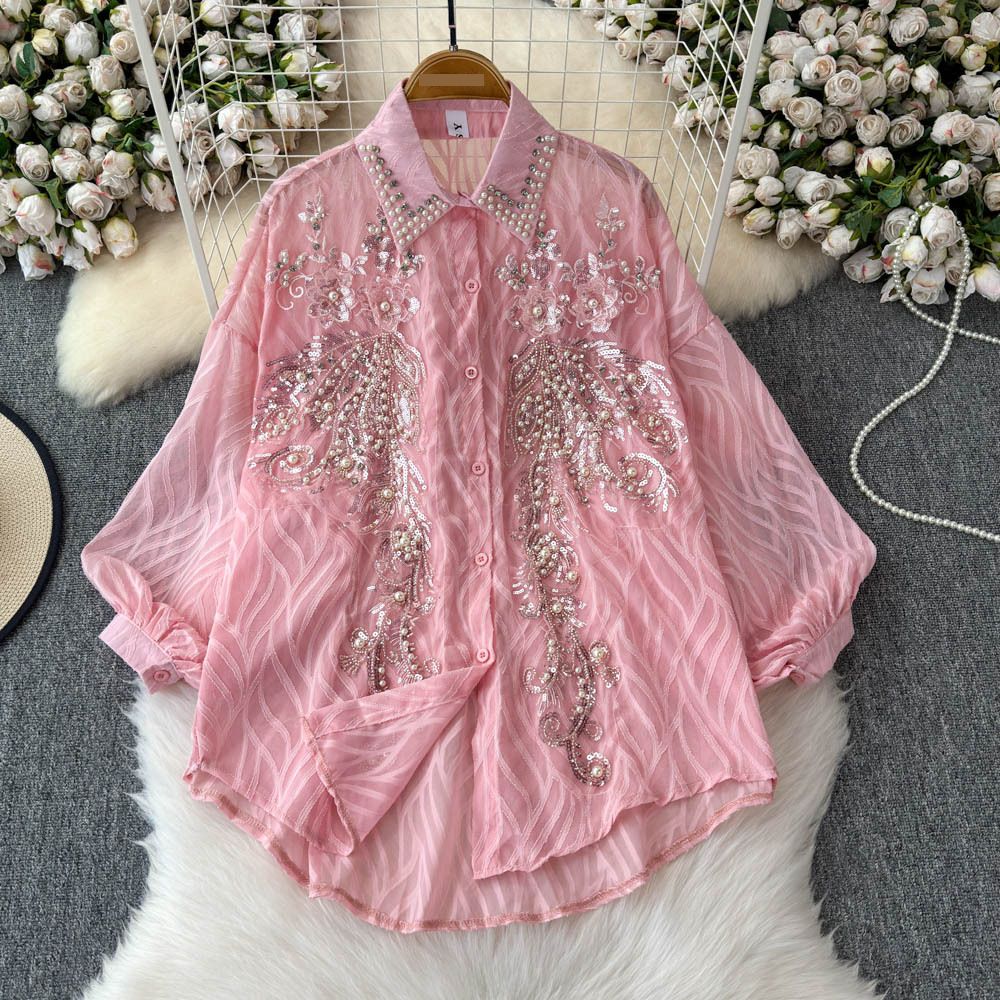 Women's Clothing Fashionable And Age Reducing Shirt Heavy Sequin Embroidery Diamond Studded Versatile High End Lantern Sleeve Slimming Top Trend_ecoleips.com