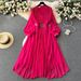 Women's Clothing Seaside Vacation Travel Photography Lantern Long Sleeves V Neck Waist Slimming A Line Chiffon Pleated Dress_ecoleips.com