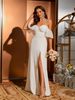 Elegant White Strapless Satin Gown With High Slit FloorLength Formal Dress With Sweetheart Neckline & Train For Weddings, Banquets (Chiffon-Lined)_ecoleips.com