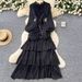 Elegant French Floral Lace Trim Wrap Dress With Lantern Sleeves & Peplum Hem For Women – Plus Size Available_ecoleips.com