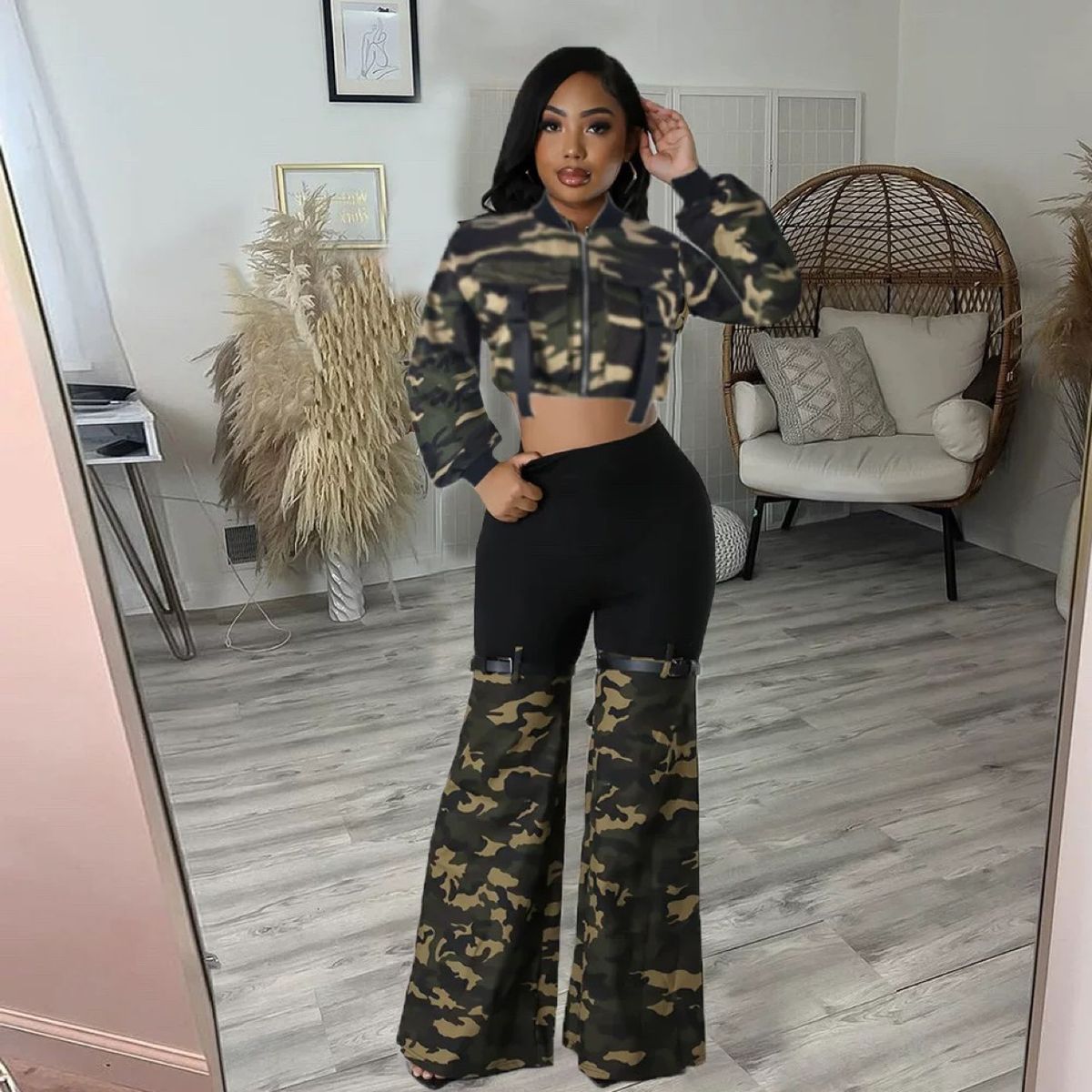 Women's Clothing Urban Camo Streetwear Set - Cropped Long Sleeve Top & Distressed Denim Pants With Chain Accents (4 Sizes, Military Green)_ecoleips.com