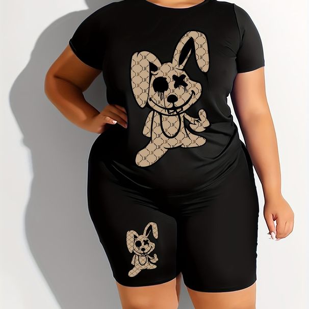 Summer Women's Casual Fashion Cartoon Rabbit Graphic Printed Loose T-shirt Shorts Two-piece Set Summer Sportswear Suitable For Daily Wear-164_ecoleips.com