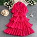 Women's European Style Light Luxury Design Rhinestone Lantern Sleeve Dress Heavy Duty Waist Cinching Slimming Puffy Ruffle Long Skirt_ecoleips.com