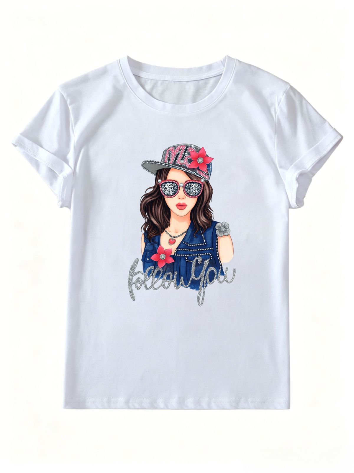 Women Fashion Rhinestone Girl Graphic T-Shirt Cap Sunglasses Flower Print Crew Neck Short Sleeve Casual Streetwear Tee_ecoleips.com