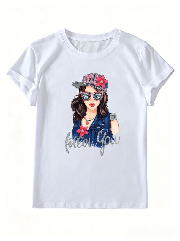 Women Fashion Rhinestone Girl Graphic T-Shirt Cap Sunglasses Flower Print Crew Neck Short Sleeve Casual Streetwear Tee_ecoleips.com