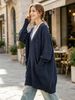 Navy Deep V Multi Pocket Pit Rib Knit Tunic Sweater, Oversized Loose Lightweight Breathable Soft Skin-touch Long Sleeve Pullover_ecoleips.com