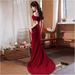 Light Luxury Wine Red Toast 2026 New Off-Shoulder Mermaid Dress Elegant Bride Wedding Evening Gown For Women_ecoleips.com