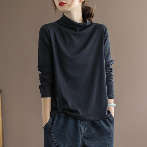 Turtleneck Pure Color All-Matching Long-Sleeved T-Shirt Women's Large Size Women's Loose Slimming Base Shirt Top Trendy_ecoleips.com