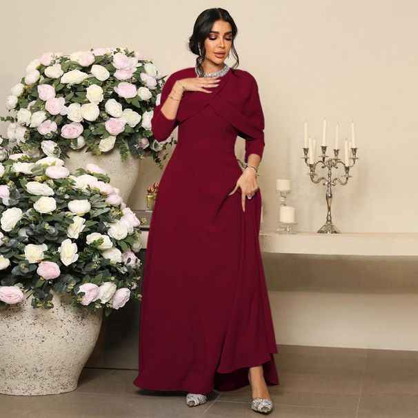 Elegant Muslim Abaya Dress With Beaded Neckline & Long Sleeves - Modest Islamic Clothing For Women (Blue/Burgundy, S-XXL)_ecoleips.com