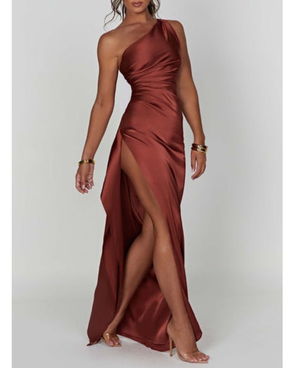 Women's Clothing Design Temperament Sexy Slim Shoulder Slit Satin Dress _ecoleips.com