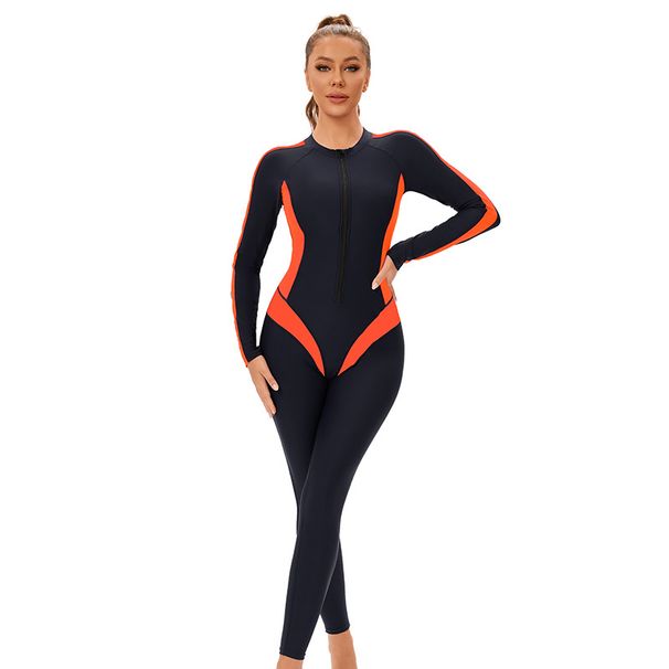 Women's Clothing New Color Matching One Piece Muslim Swimsuit For Women Long Sleeved Trousers Conservative Full Surround Zipper Swimsuit_ecoleips.com