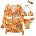 Women's Floral Print Bikini Set With Long-Sleeve Cover-Up – UPF 50+ Rash Guard & High-Waist Bottoms (S-XL, Orange/Pink/Lavender)_ecoleips.com