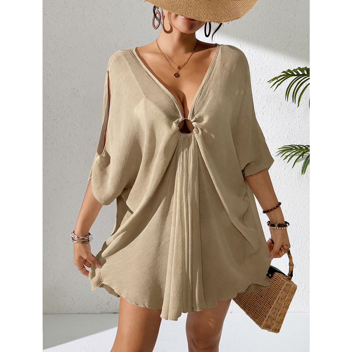 European And American Style Solid Color Beach Cover Up Women's Vacation Sun Protection With Circular V Neck Batwing Sleeves_ecoleips.com